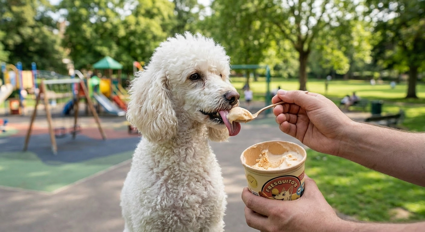 Caniche disfrutando un Fresquito's en el parque